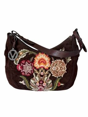 Valentino Garavani Brown Suede Embroidered Floral Hobo Bag Jeweled V Charm
